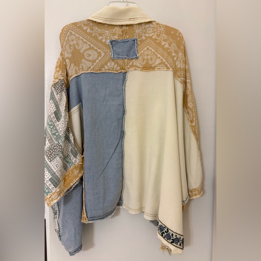 Pol Patchwork Boho Mixed Print Button Down Shirt … - image 3